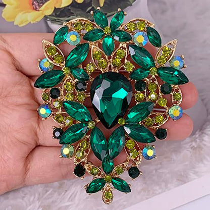SELOVO Leaf Bouquet Scarf Big Brooch Pin Broach Crystal Jewelry - color: Green