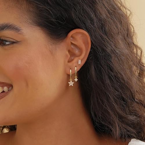 Gold Plated Earrings for Women, 14k Gold Plated Earring Stack Hypoallergenic Pearl Drop Earring Dainty Earrings for Women Trendy Cute Small Huggie Hoop Earring Fashion Womens Jewelry - color: flower set