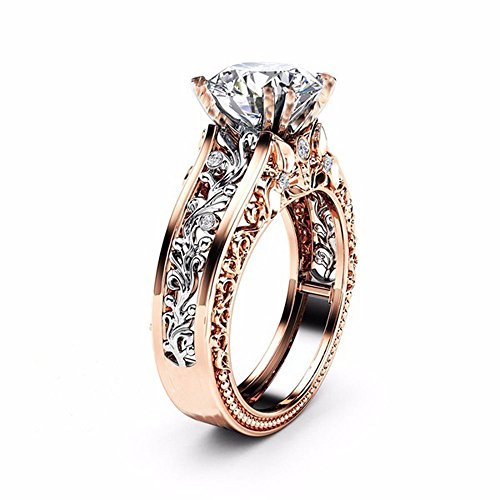 925 Silver Gold Ring Round Cut CZ Floral Vintage Engagement Rings for Women Cubic Zirconia Solitaire Wedding Band - color: Silver, size: 5