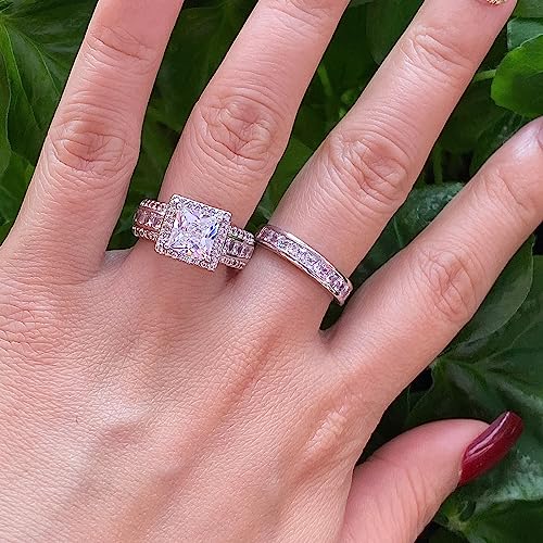 CEJUG 3Ct Princess Wedding Rings for Women Engagement Ring Set Bands 18k White Gold Plated Halo Cz Size 6-10 - color: Silver