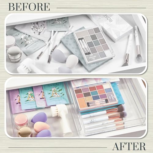 STORi SimpleSort 2-Piece Stackable Clear Drawer Organizer Set | 12" x 9" x 2" Rectangle Trays | Wide Makeup Vanity Storage Bins and Office Desk Drawer Dividers | Made in USA - size: 12x9x2"