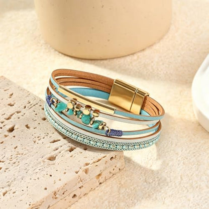 Wrapped Bracelets for Women,Leather Boho Bracelets for Women - color: Stone-Blue