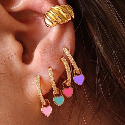 Preppy Love Heart Hoop Earrings for Women Teen Girls Gold Plated Cubic Zirconia CZ Charms Dangle Drop Huggie Small Hoops Cartilage Earring Fashion Colorful Y2K Jewelry Cute Gifts - color: Pink