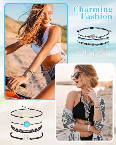 Hicarer 21 PC Surfer Wave Friendship Bracelet Set Waterproof Adjustable Boho Beach String Anklets Bulk, Summer Gift for Women - style: Black Series