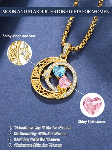 14K Gold Moon and Star Double Birthstone Necklace Gifts for Women | 2 Heart Birthstone Necklace,Mothers Day Wedding Anniversary Birthday Gifts for Wife Mom Daughter Grandma Sister - color: 03-10-Mar-Oct Birthstone