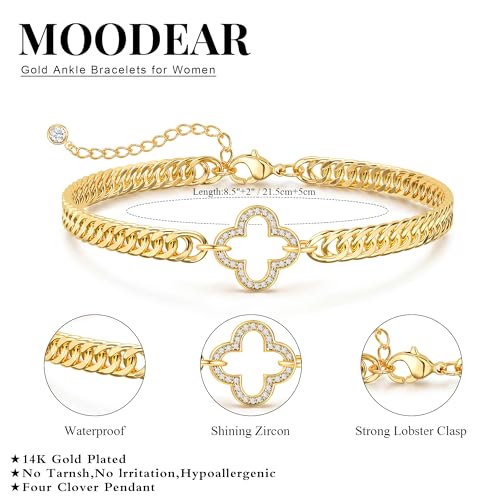 Moodear Gold Ankle Bracelets for Women Waterproof,14K Gold Plated Anklets | Waterproof, Non Tarnish Cuban Link Anklets, Trendy Jewelry Accessories for Summer Vacation, Beach Gifts for Women - style: Cuban CZ Four Clover