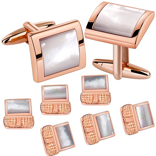 HAWSON Cufflinks and Studs for Men with Gift Box, Gold or Silver Tone Cuff Links, Mens Jewelry or Accessories for Wedding Business Anniversary Birthday - color: Rose Gold+Semi-Precious Mother of Pearl