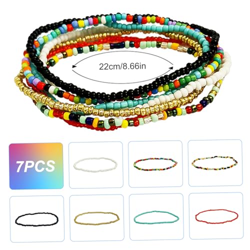 Beaded Anklet 7PCS/Set 8.7 Inch Multicolor Boho Anklets for Women Stretch Seed Beads Funny DIY Rainbow Beaded Bracelet for Foot and Hand Chain Jewelry.