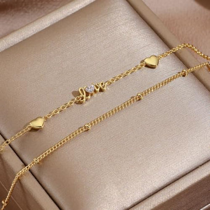 16K Gold Plated Bracelets Set for Women - Dainty Layered Adjustable Hand Chain Bracelet with Cubic Zirconia, Cute Jewelry Gift for Her, Waterproof Hypoallergenic - color: Love