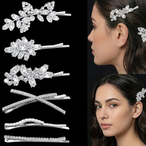 REDANHA 6 Pieces Delicate Bridal Hair Clips, Rhinestone Leaf Wedding Hair Pins, Crystal Bobby Pins, Silver Elegant Hairpins Jewelry Accessories Barrette for Brides Bridesmaids Flower Girls