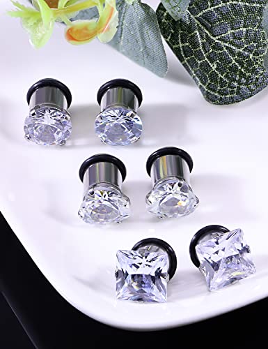 8G 6G 4G 2G 0G 1/2 inch Stainless Steel Ear Gauges - Round, Square, Heart, Cubic Zirconia - 3mm to 12mm - Silver, 3 Pairs - color: Gauge=0g=8mm