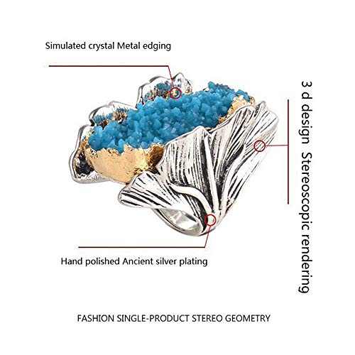 Retro Cocktail Statement Ring Antique Gold and Silver Tone Resin Stone Crystal Stacking Rings Cluster Statement Ring for Men Women - color: Blue crystal ring, size: 6