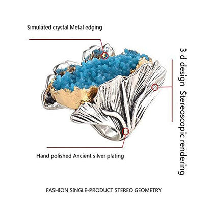 Retro Cocktail Statement Ring Antique Gold and Silver Tone Resin Stone Crystal Stacking Rings Cluster Statement Ring for Men Women - color: Blue crystal ring, size: 9