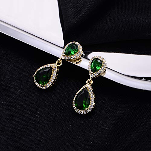 Pave Teardrop Earrings for Wedding Sterling Silver Double Pear Shaped CZ Cubic Zirconia Crystal Rhinestone Birthstone Dangle Earrings Bridal Jewelry for Bride Bridesmaids - color: Graceful Emerald