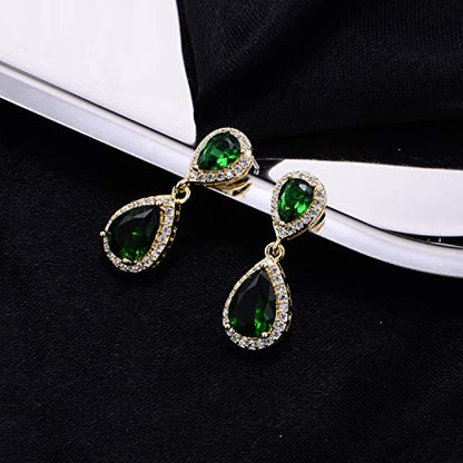 Pave Teardrop Earrings for Wedding Sterling Silver Double Pear Shaped CZ Cubic Zirconia Crystal Rhinestone Birthstone Dangle Earrings Bridal Jewelry for Bride Bridesmaids - color: Graceful Emerald
