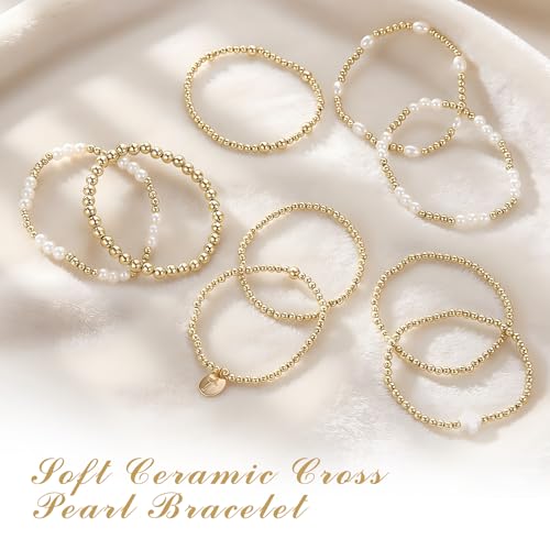 Gold Cross Beaded Bracelets for Women Set, Dainty Gold Plated & Pearl Stackable and Layered Bracelets with Polymer Clay Cross, Stretch Layered Bracelet Stack for Women Girls Trendy Boho Jewelry Gifts