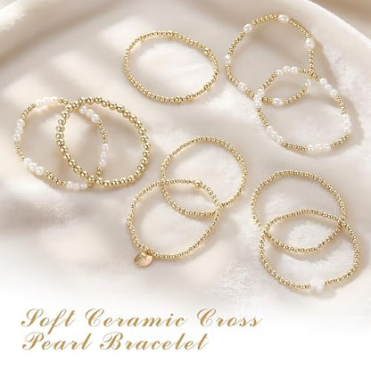 Gold Cross Beaded Bracelets for Women Set, Dainty Gold Plated & Pearl Stackable and Layered Bracelets with Polymer Clay Cross, Stretch Layered Bracelet Stack for Women Girls Trendy Boho Jewelry Gifts