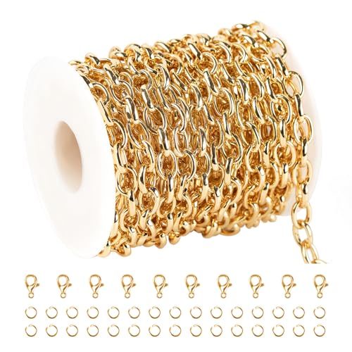 KYUNHOO 5 Meters Gold Plated Iron Chains for Jewelry Making Oval Circle Link Chain Roll Chunky Cable Chains for Necklace Bracelet Making Finding Jewelry Supplies - color: 9.6x6.7mm-Gold