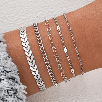 Fesciory 14K Gold Plated Ankle Bracelets Sets For Women, Adjustable Layered Infinite Anklet, Summer Beach Butterfly Star Foot Chain Jewelry Gifts - style: Heart Set(Silver)