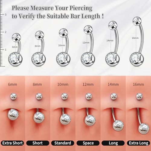 1PC/2PC/3PC G23 Titanium Belly Button Rings 14G 1.6MM Round Cubic Zirconia Belly Rings 6 Sizes of Length to Choose Navel Barbell Belly Piercing Jewelry for Women Men - color: Silver