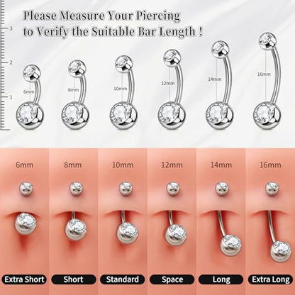 1PC/2PC/3PC G23 Titanium Belly Button Rings 14G 1.6MM Round Cubic Zirconia Belly Rings 6 Sizes of Length to Choose Navel Barbell Belly Piercing Jewelry for Women Men - color: Silver