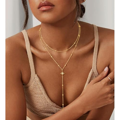 Lariat Gold Necklace for Women, 14K Gold Plated Dainty Drop Y Necklace, Waterproof Non Tarnish Long Layered Beaded Chain Lariat Necklace Prom Jewelry Summer Vacation Gift for Her - color: Gold-5