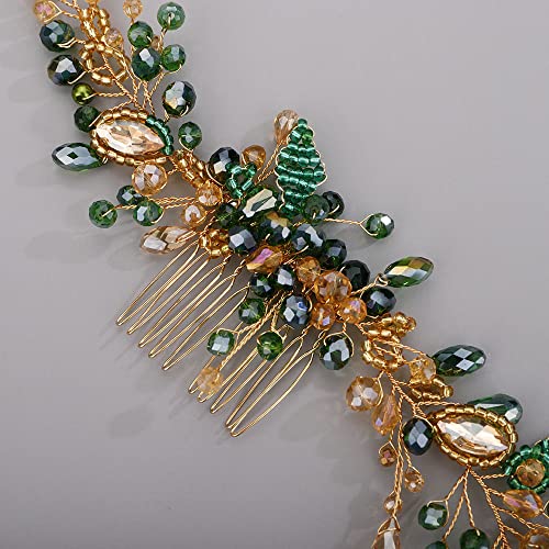 Chargances Wedding Crystal Beaded Hair Vine Comb Bridal Long Pearl Leaf Hair Vine Comb Green Rhinetone Handmade Headpiece Hair Accessories for Wedding Prom Flower Girl (Green-gold) - color: Green-gold