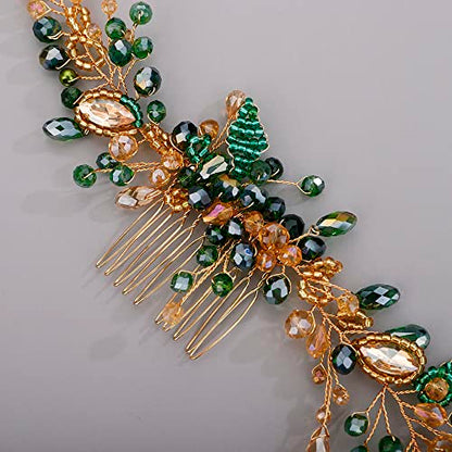 Chargances Wedding Crystal Beaded Hair Vine Comb Bridal Long Pearl Leaf Hair Vine Comb Green Rhinetone Handmade Headpiece Hair Accessories for Wedding Prom Flower Girl (Green-gold) - color: Green-gold