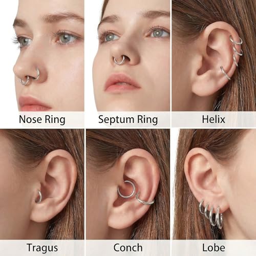 6Pairs Nose Rings Hoops - 316L Surgical Steel Hinged Nose Hoops 16G/18G/20G Clicker Septum Nose Ring Lip Helix Cartilage Hoop Earring Daith Rook Conch Body Piercing Jewelry for Women Men 6mm 7mm 8mm 9mm 10mm 12mm - color: Silver, size: 18 gauge(1mm)