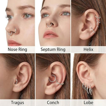 6Pairs Nose Rings Hoops - 316L Surgical Steel Hinged Nose Hoops 16G/18G/20G Clicker Septum Nose Ring Lip Helix Cartilage Hoop Earring Daith Rook Conch Body Piercing Jewelry for Women Men 6mm 7mm 8mm 9mm 10mm 12mm - color: Silver, size: 18 gauge(1mm)