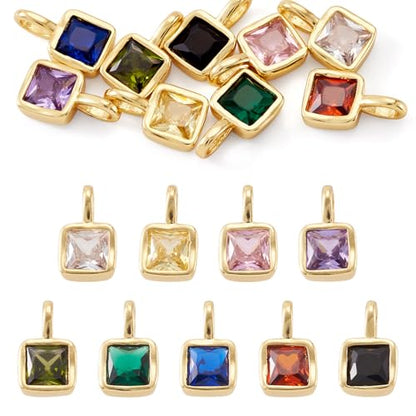 9Pcs Square Cubic Zirconia Charms for Jewelry Making Rectangle Golden Brass Pendants Faceted Crystal Drop Birthstone Charms for Necklace Bracelet Earrings DIY Supplies 11.5x6.5x4mm - color: Square