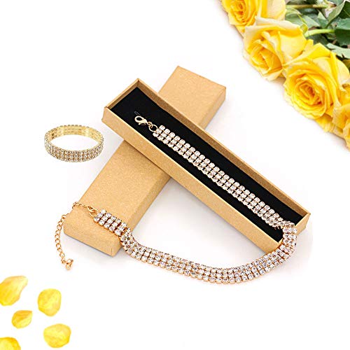 Zealmer 18K Yellow Gold Plated 1-5 Rows Rhinestone Choker Necklace & Stretch Bracelets Set Wedding Jewelry - style: 3 Row