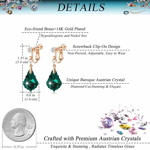 Austrian Crystal Baroque Drop Clip On Dangle Earrings for Women Non Pierced 14K Rose Gold Plated Hypoallergenic Jewelry - color: Emerald Green