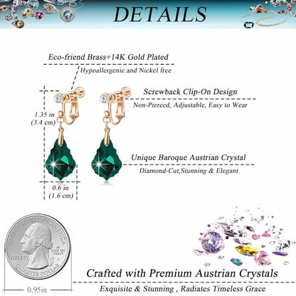 Austrian Crystal Baroque Drop Clip On Dangle Earrings for Women Non Pierced 14K Rose Gold Plated Hypoallergenic Jewelry - color: Emerald Green