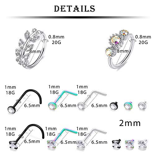 20G 18G 16G Nose Rings Studs 316L Surgical Steel Flat Back Threadless Push in Nose Studs Screw L-Shaped Nose Rings Tragus Cartilage Helix Earrings Piercing Jewelry for Women Men - color: Set F:18G(1.0MM)-Mix Color