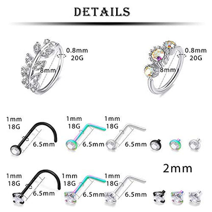 20G 18G 16G Nose Rings Studs 316L Surgical Steel Flat Back Threadless Push in Nose Studs Screw L-Shaped Nose Rings Tragus Cartilage Helix Earrings Piercing Jewelry for Women Men - color: Set F:18G(1.0MM)-Mix Color