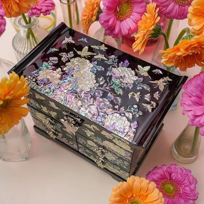 February Mountain Mother of Pearl Jewelry Box with Traditional Mother of Pearl Inlay - Elegant Floral and Butterfly Design for Her - style: Black