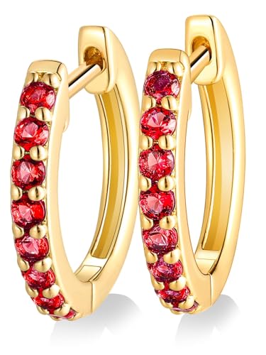 Chunky Emerald Sapphire Ruby Hoop Earrings, Princess or Round Cut, 14k Yellow Gold Plated Sterling Silver Cubic Zirconia Huggie Earings Minimalist Hoops Earrings for Women Wedding Daily Birthday - style: Round cut -Ruby -Gold