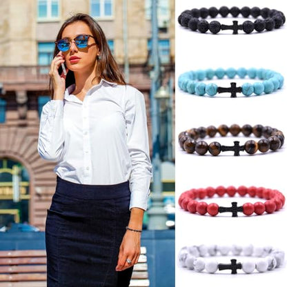 Beaded Bracelets Cross Bracelet for Women Men Lava Rock Turquoise Tiger Eye Natural Bracelet Anxiety Healing - color: 5Pcs-black zircon cross