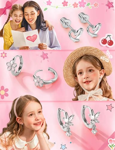 ORAZIO Hypoallergenic Earrings for Girls Women Kids Surgical Stainless Steel Screw Back Bow Heart Flower Stud Hoop Toddler Kids Earrings for Girls Sensitive Ears Over 4 Years Old - color: 8Pairs-silver girls earrings