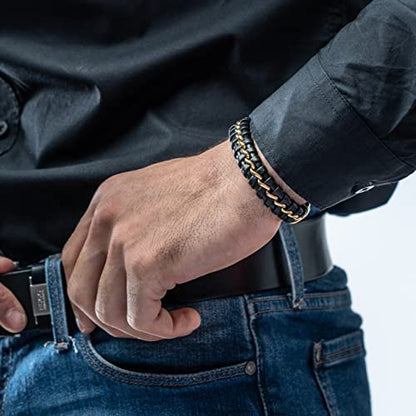 SERASAR Premium Leather Bracelet Men | Stainless Steel Magnetic Clasp | Three Colors | Jewelry Box Included - color: Gold, size: 20cm, style: Joy