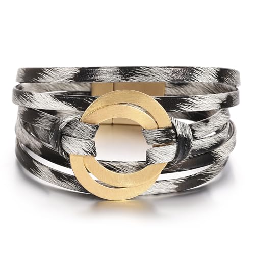 hotoo Circle Charm Bracelets for Women Handmade Leather Wrap Bracelets for Couples Friendship Bracelet Bohemian Cuff Bangle Boho Jewelry Gift - color: Light leopard