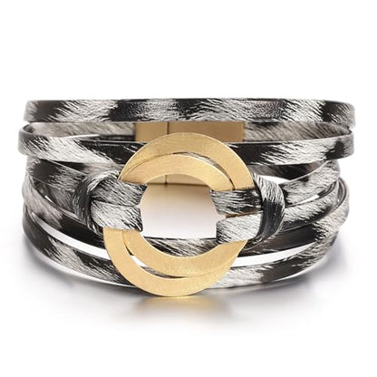 hotoo Circle Charm Bracelets for Women Handmade Leather Wrap Bracelets for Couples Friendship Bracelet Bohemian Cuff Bangle Boho Jewelry Gift - color: Light leopard