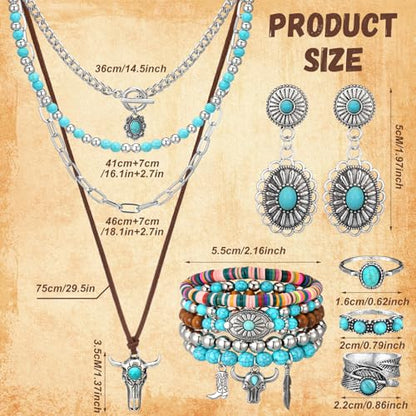 Ecally Bohemian Western Jewelry Turquoise Set Women Country Pendant Long Choker Layered Bracelets Earrings Ring for Women - color: Turquoise, style: Delicate