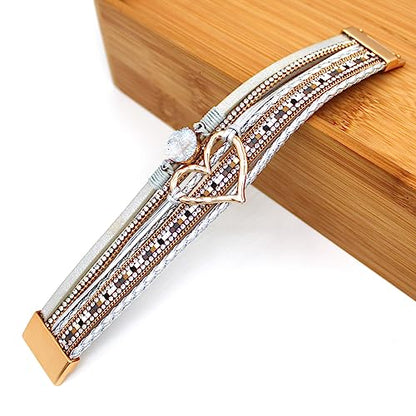 Womens Love Heart Leather Wrap Bracelet Multi-layer Stacked Bangle | Magnetic Clasp Soft PU Leather Resin Stone Rhinestone Boho Style Birthday Valentine Christmas Bohemian Jewelry Gift - color: White-gold