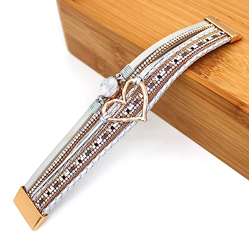 Womens Love Heart Leather Wrap Bracelet Multi-layer Stacked Bangle | Magnetic Clasp Soft PU Leather Resin Stone Rhinestone Boho Style Birthday Valentine Christmas Bohemian Jewelry Gift - color: White-gold