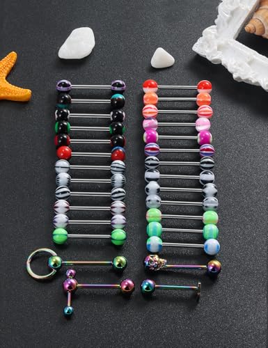 14G Silver/Rose-Gold/Rainbow Tongue Rings Piercing Jewelry for Women Men Work Surgical Steel Metal Tounge Barbell Acrylic Balls Set 29pcs - color: Rainbow