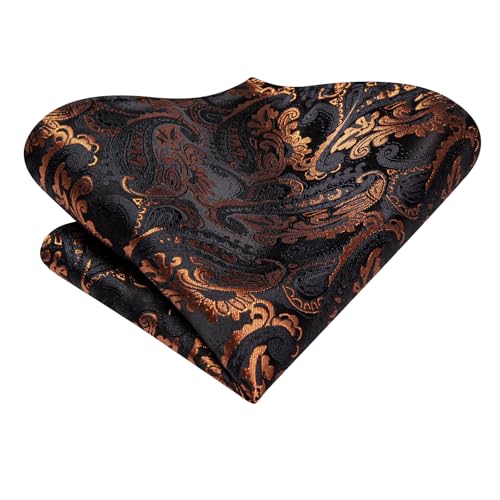 Hi-Tie Men's Silk Ties Formal Woven Classic Necktie Pocket Square Cufflinks Lapel Pin Set Wedding Business - color: Black and Copper