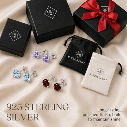 Genuine 925 Sterling Silver Stud Earrings for Women with Round Solitaire Gemstone | Hypoallergenic, Non-Tarnish & Nickel-Free | With Gift Box & Pouch | 18K Gold Plated & Silver Settings - size: 7 mm