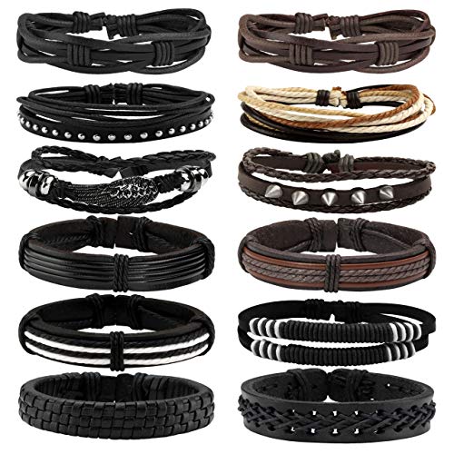 6-12PCS Braided Faux Leather Bracelet Punk Cuff Wrap Bracelets for Men Women Adjustable - color: J:12pcs